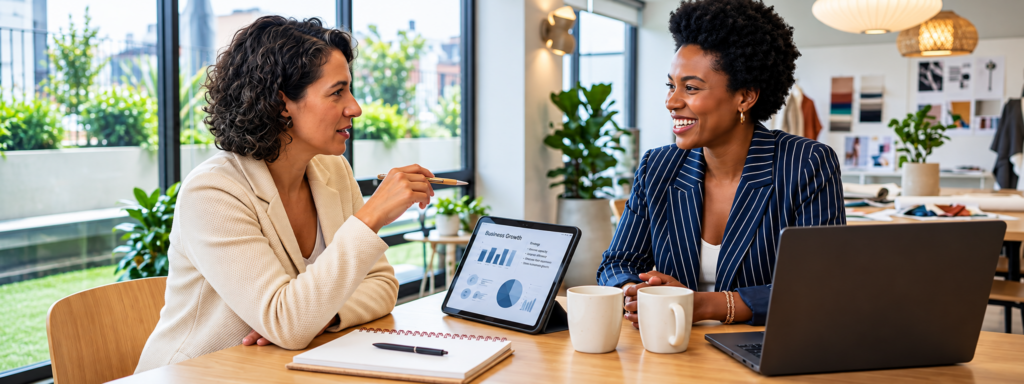 Two accounting professionals discussing workload and capacity planning in a modern UK office.