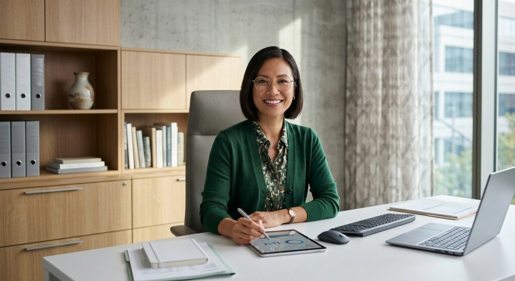 Small business owner reviewing cash flow and financial records at her desk