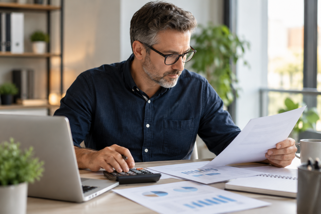 Small business owner reviewing financial reports and business figures | Abbpay
