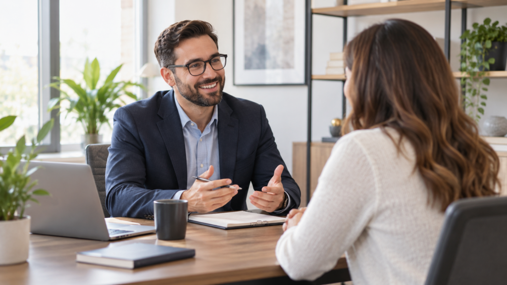 Two professionals having a workplace planning discussion in a bright modern office