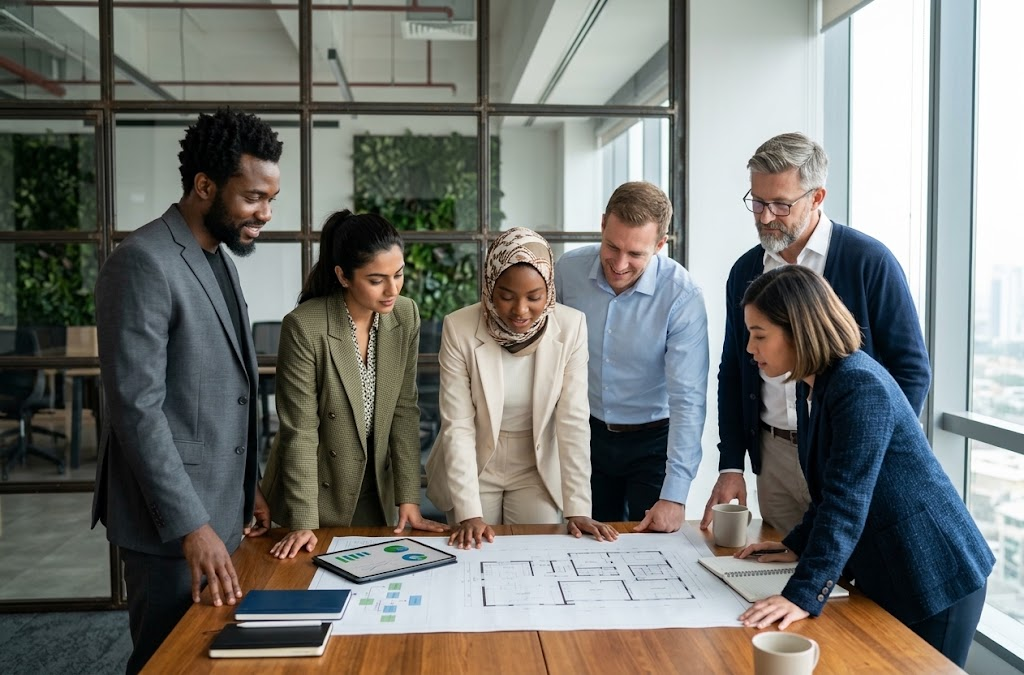 Diverse business team collaborating on workforce planning in a modern office