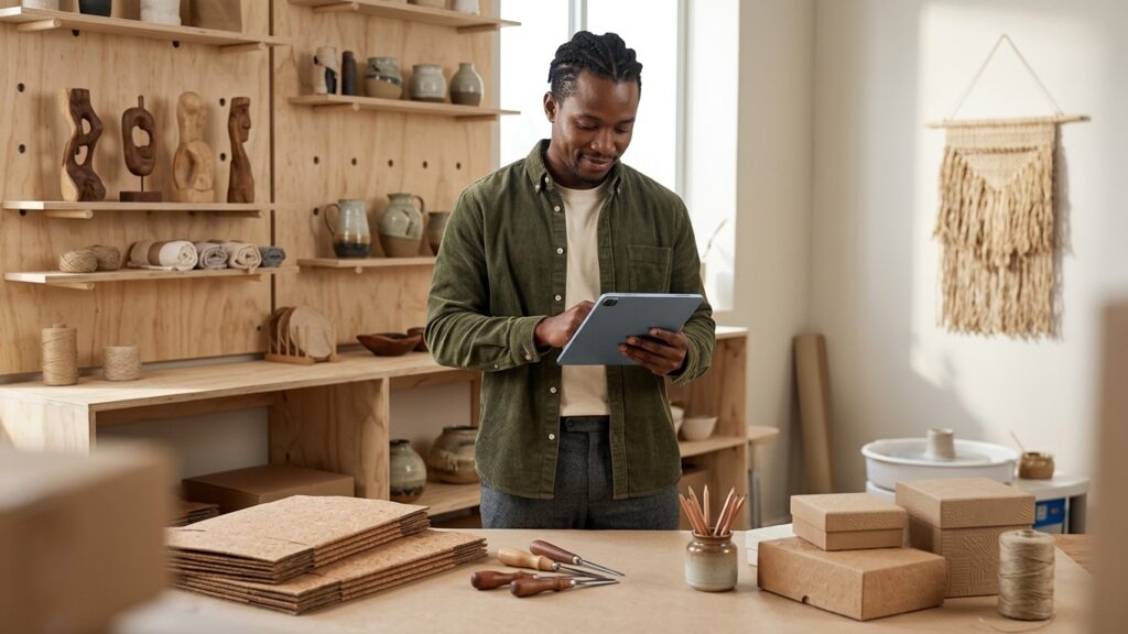 Small business owner using a tablet in a workshop surrounded by handmade products and packaging.