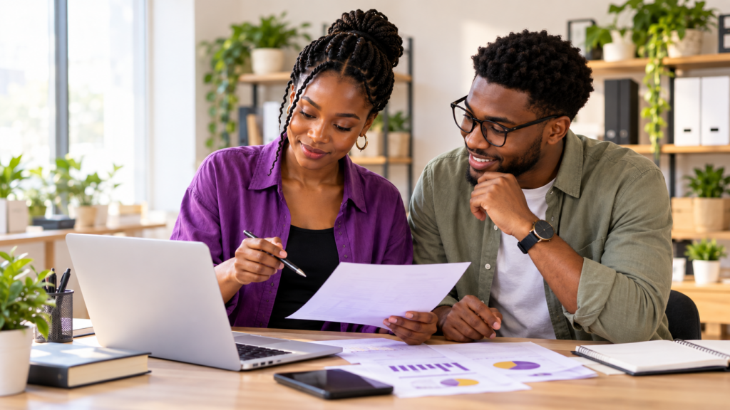 Two small business employees reviewing financial reports and discussing cash flow in an office.