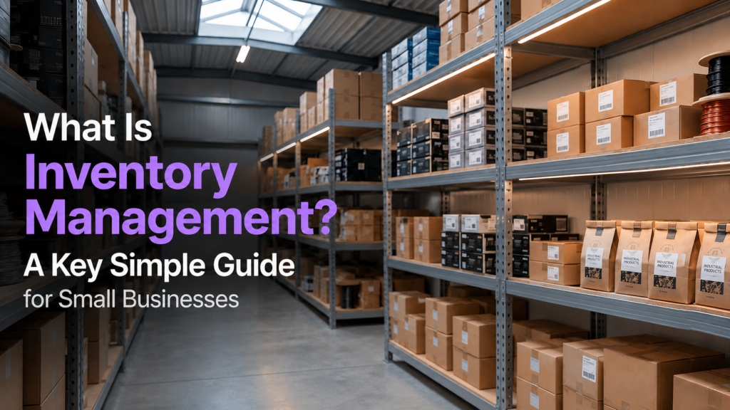 Warehouse shelves with organised stock for a small business inventory management guide.