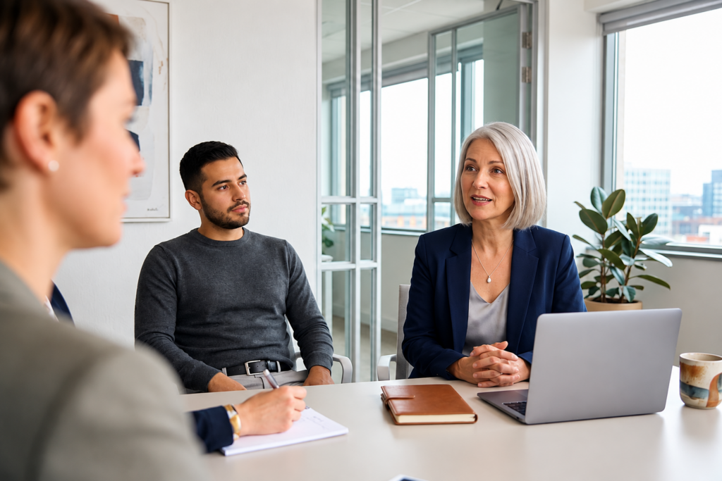 Business professionals discussing financial management and cloud accounting solutions during an office meeting