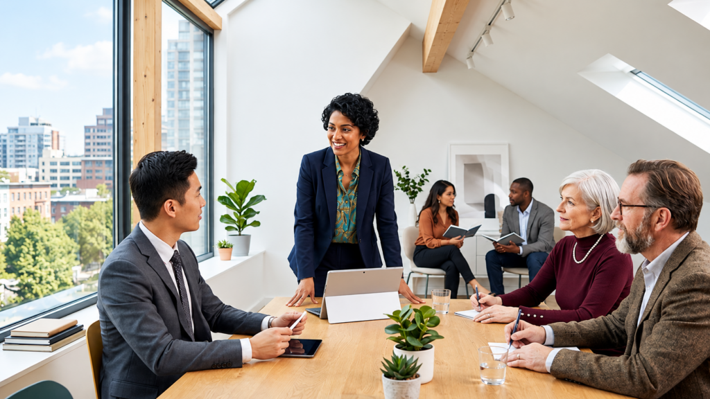 HR manager leading a team discussion with employees in a modern office meeting room