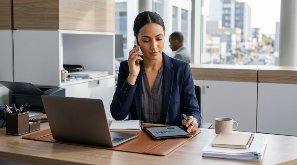 Business professional reviewing financial reports on a laptop and tablet in a modern office